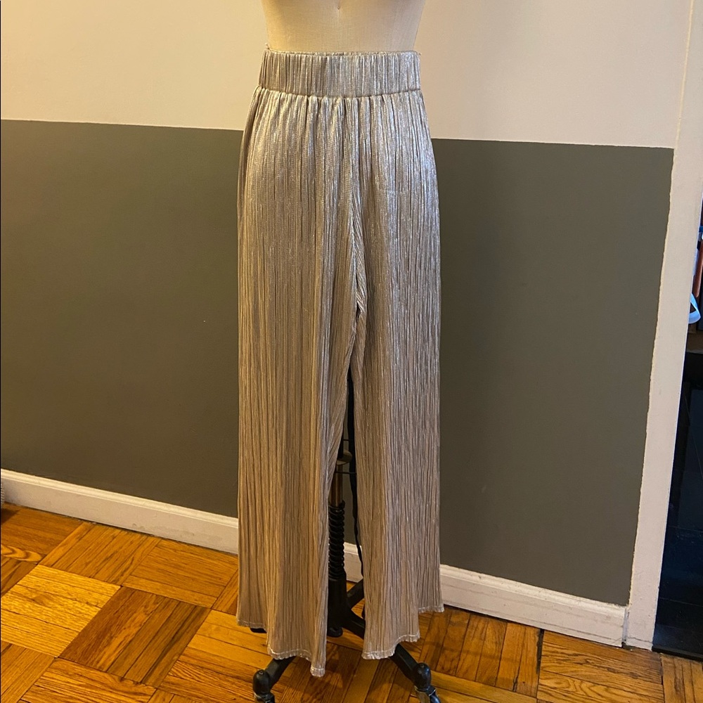 Silver Pleated Wide-Legs Pants